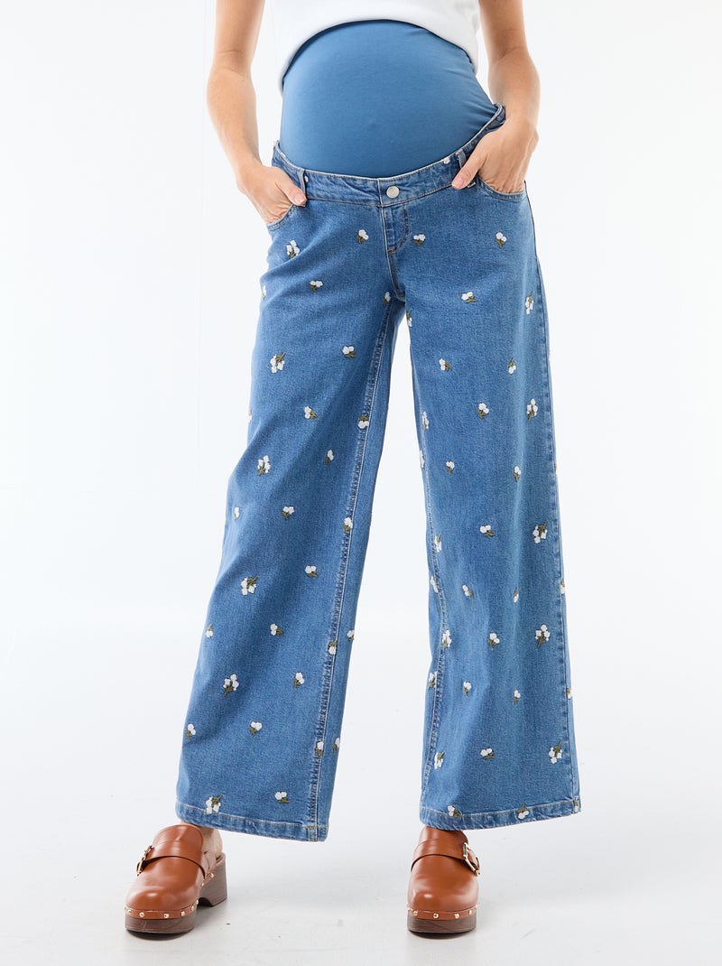 Pantalon grossesse avec ceinture stretch et motif brodé Bleu - Kiabi