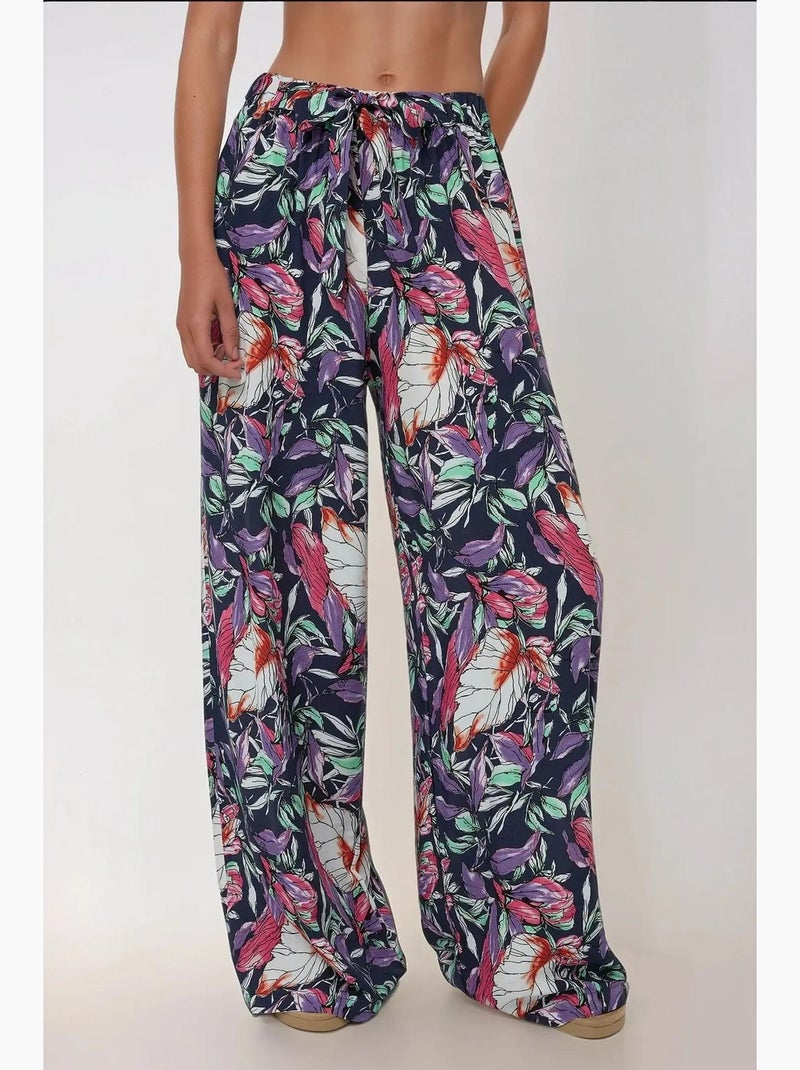Pantalon imprimé à taille élastique et jambes larges hiccup Bleu marine - Kiabi