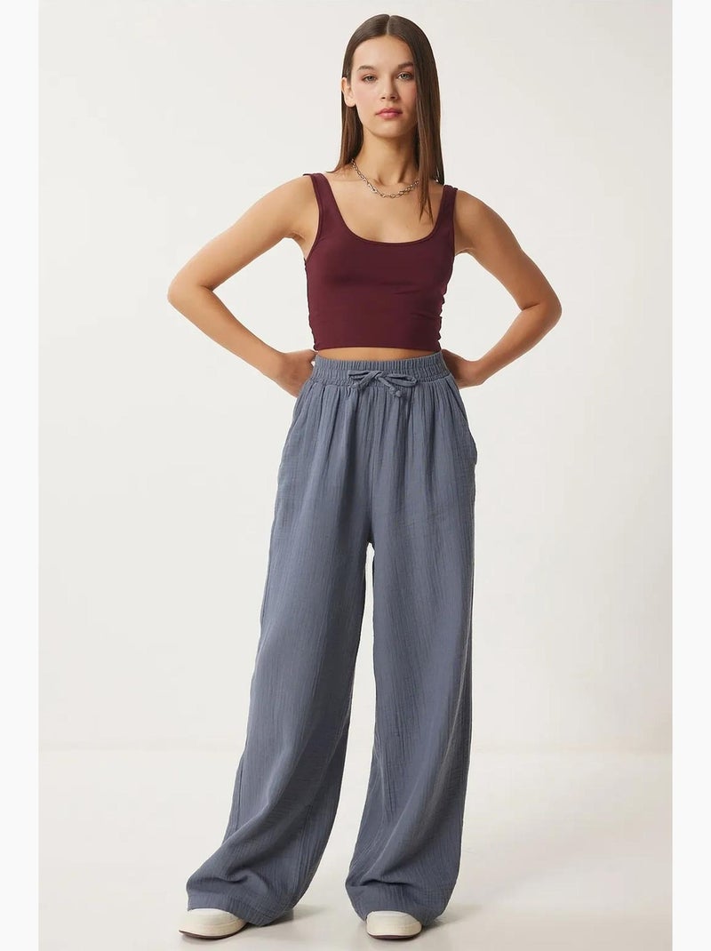 Pantalon jambes larges, taille élastique, cordon de serrage, finitions bordées istanbul Gris Noir - Kiabi