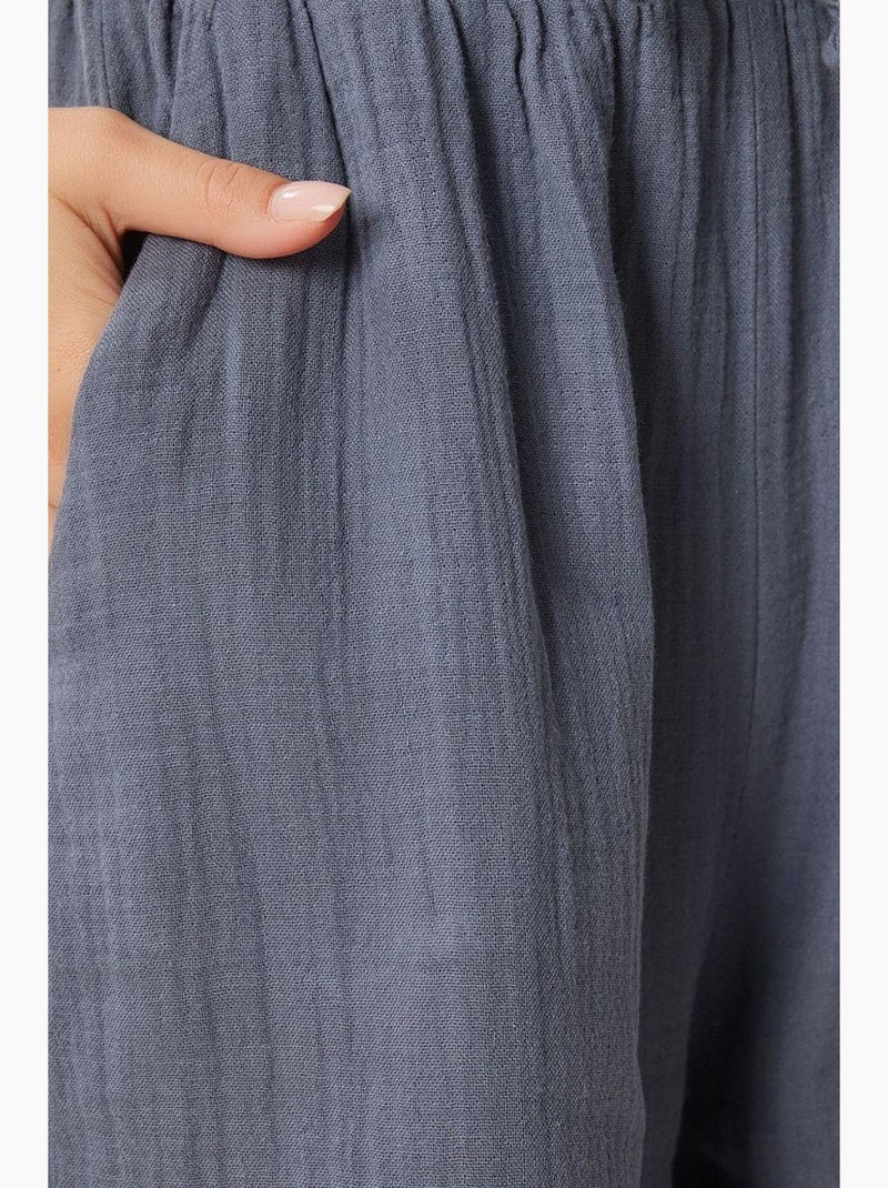 Pantalon jambes larges, taille élastique, cordon de serrage, finitions bordées istanbul Gris Noir - Kiabi