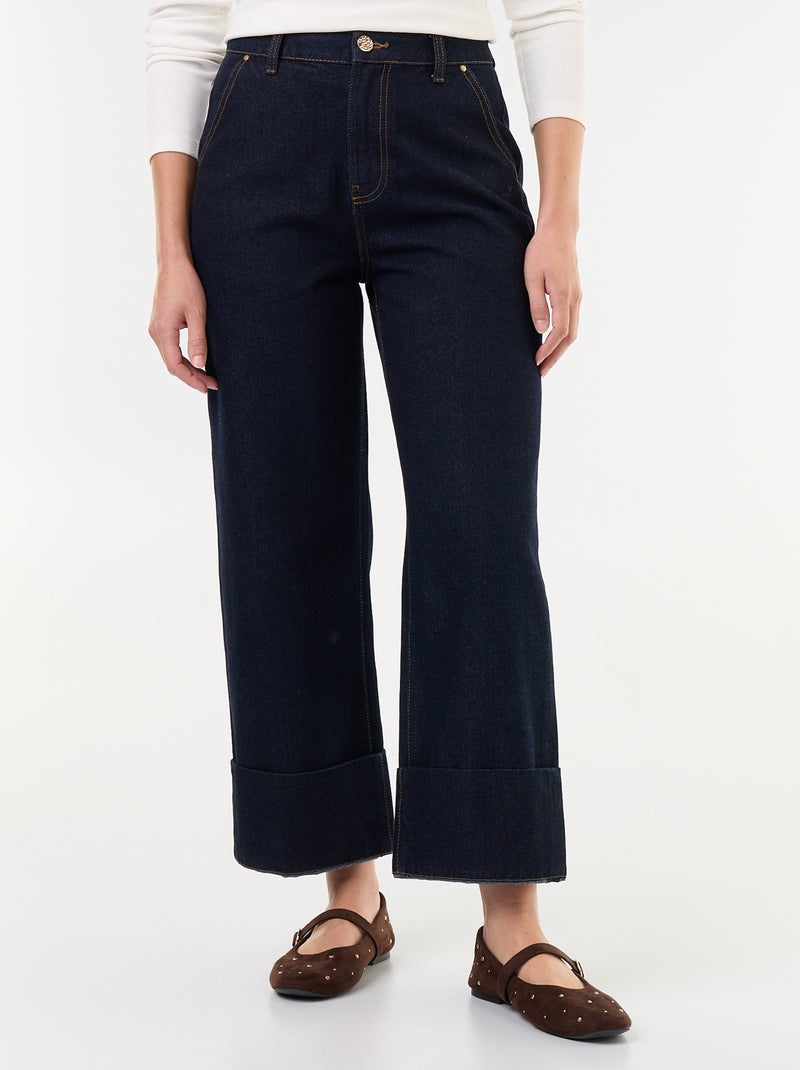 Pantalon jean uni avec larges revers à la base Bleu - Kiabi