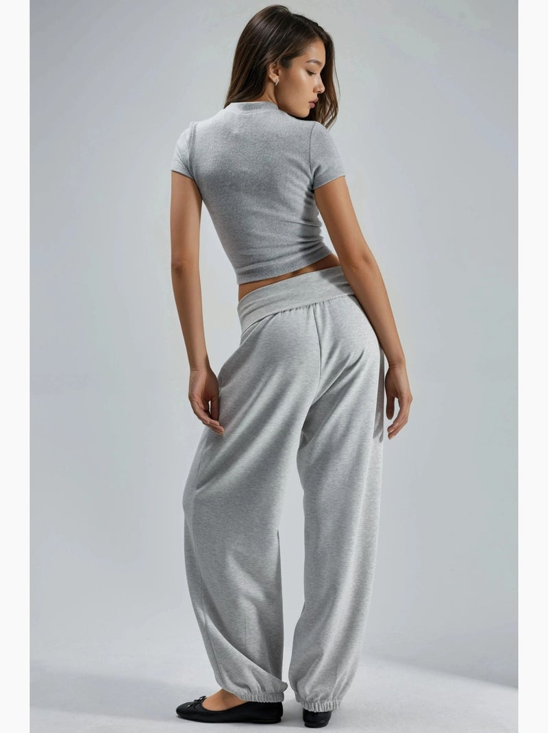 Pantalon jogger en maille à taille mi-haute et jambe large busem Gris clair - Kiabi