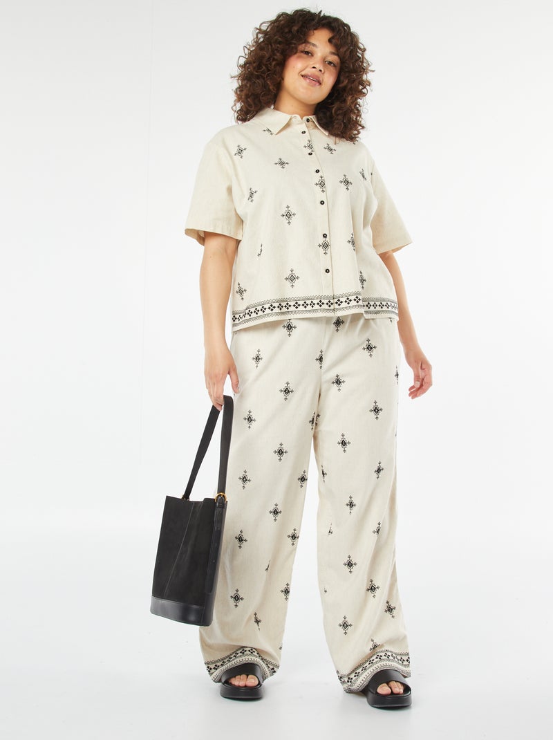 Pantalon large 3/4 brodé Beige - Kiabi