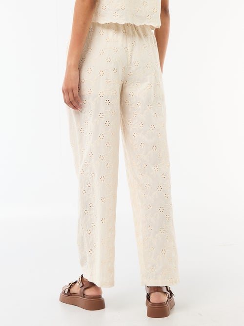 Pantalon large à broderie anglaise en coton uni - Kiabi