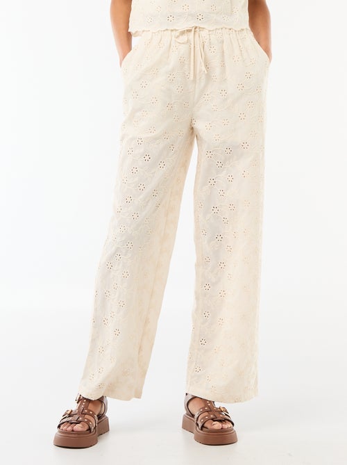 Pantalon large à broderie anglaise en coton uni - Kiabi