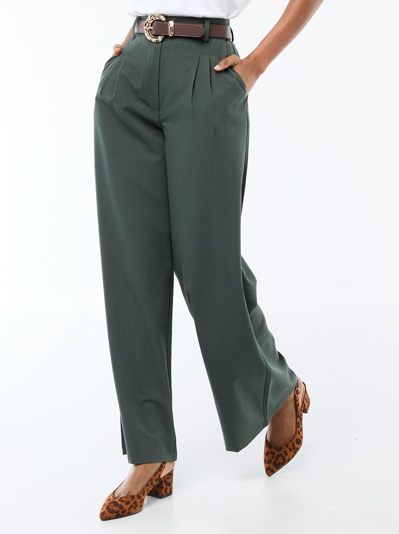 Pantalon large à pinces avec ceinture femme Vert - Kiabi