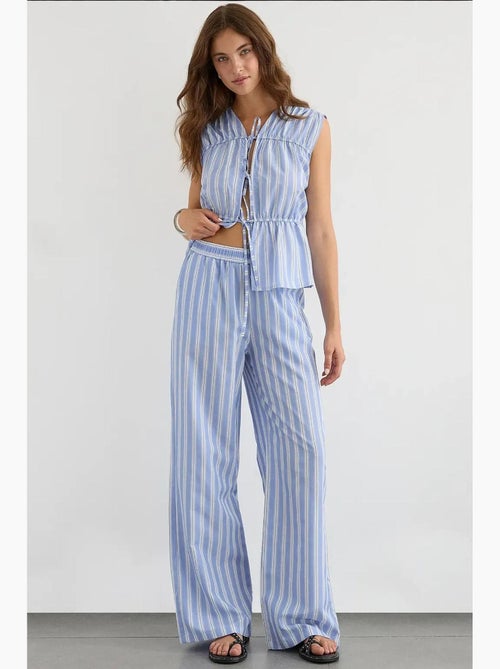 Pantalon large à rayures avec taille élastique hiccup - Kiabi Pantalon large à rayures avec taille élastique hiccup - Kiabi