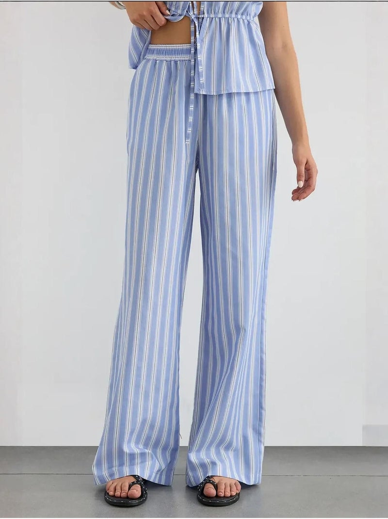 Pantalon large à rayures avec taille élastique hiccup Bleu - Kiabi