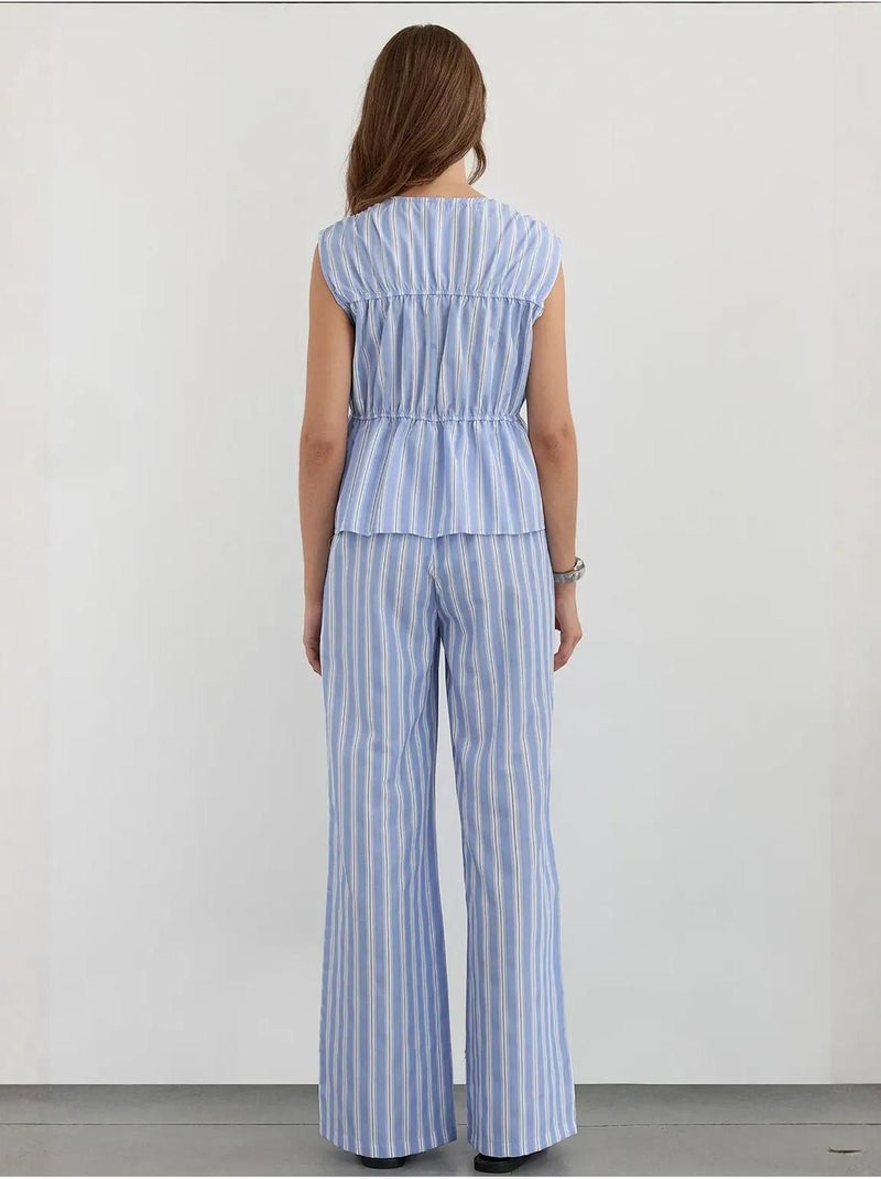 Pantalon large à rayures avec taille élastique hiccup Bleu - Kiabi