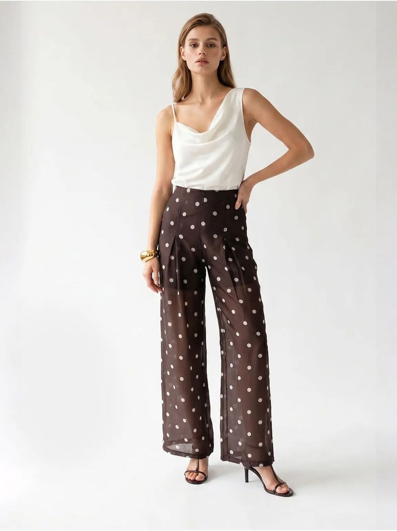 Pantalon large à taille haute à pois mixray Marron chocolat - Kiabi