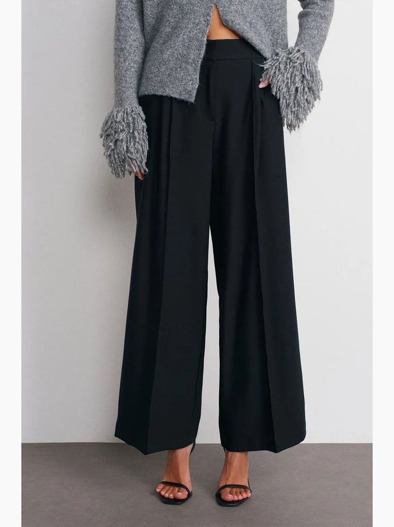 Pantalon large à taille haute avec plis dilvin Noir - Kiabi