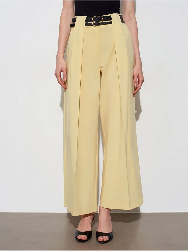 Pantalon large à taille haute et plis dilvin Jaune citron - Kiabi