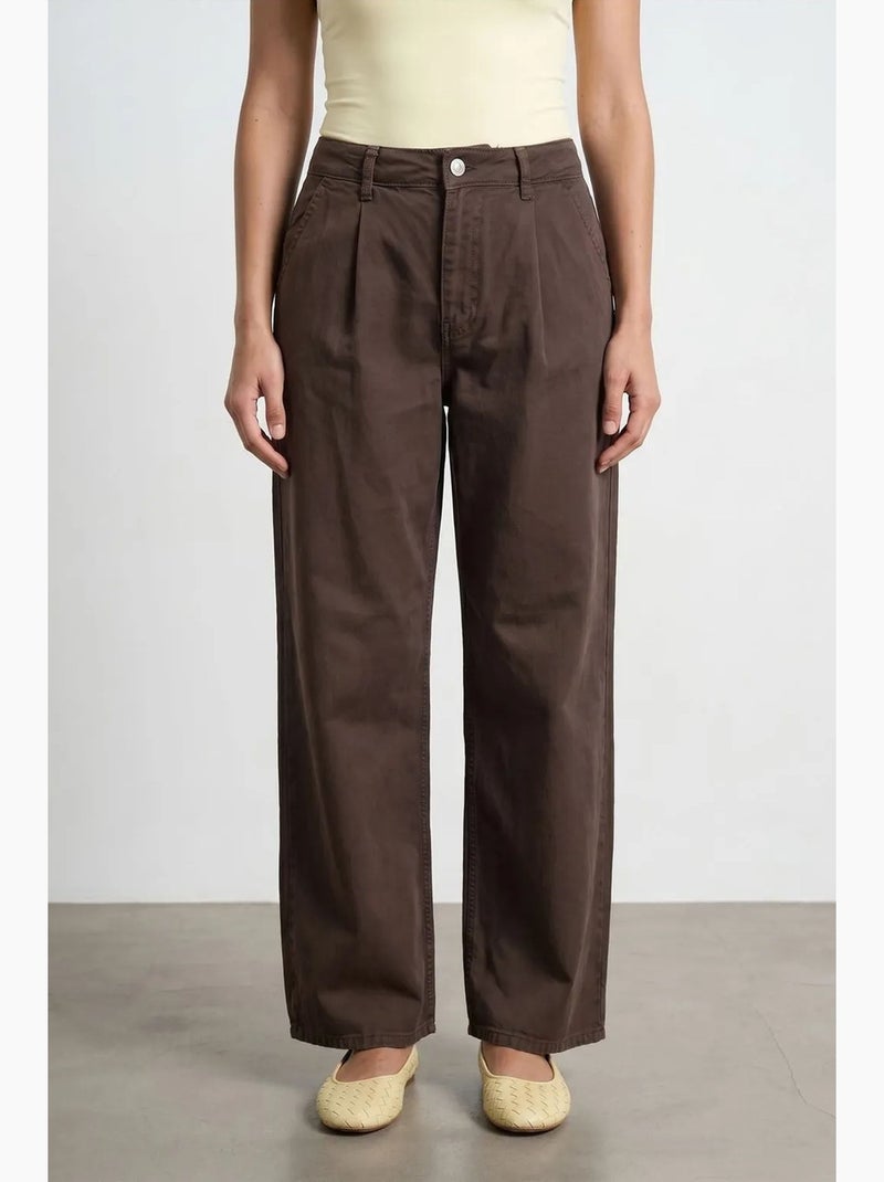 Pantalon large à taille mi-haute et plis dilvin Marron - Kiabi