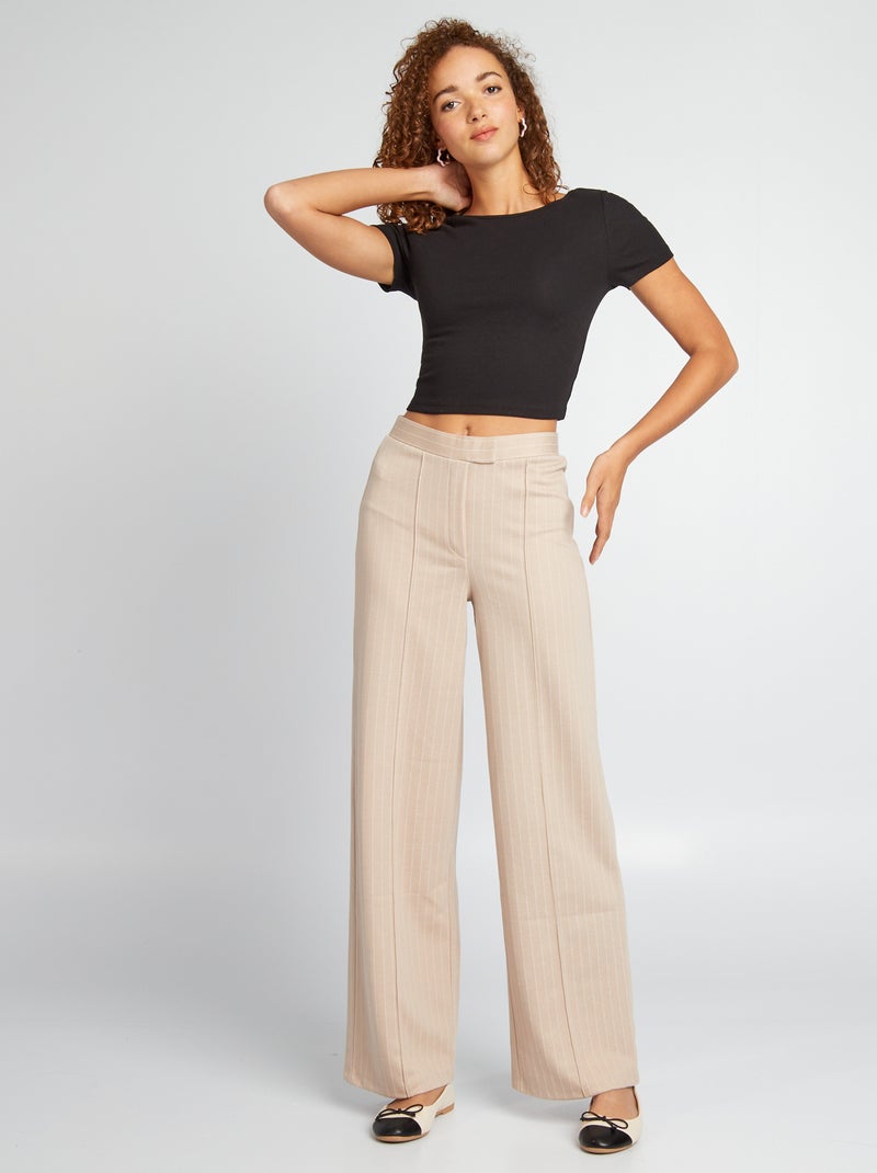 Pantalon large avec rayures Beige - Kiabi