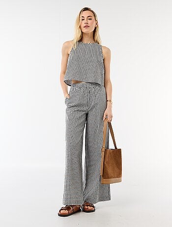 Pantalon large en coton texturé vichy