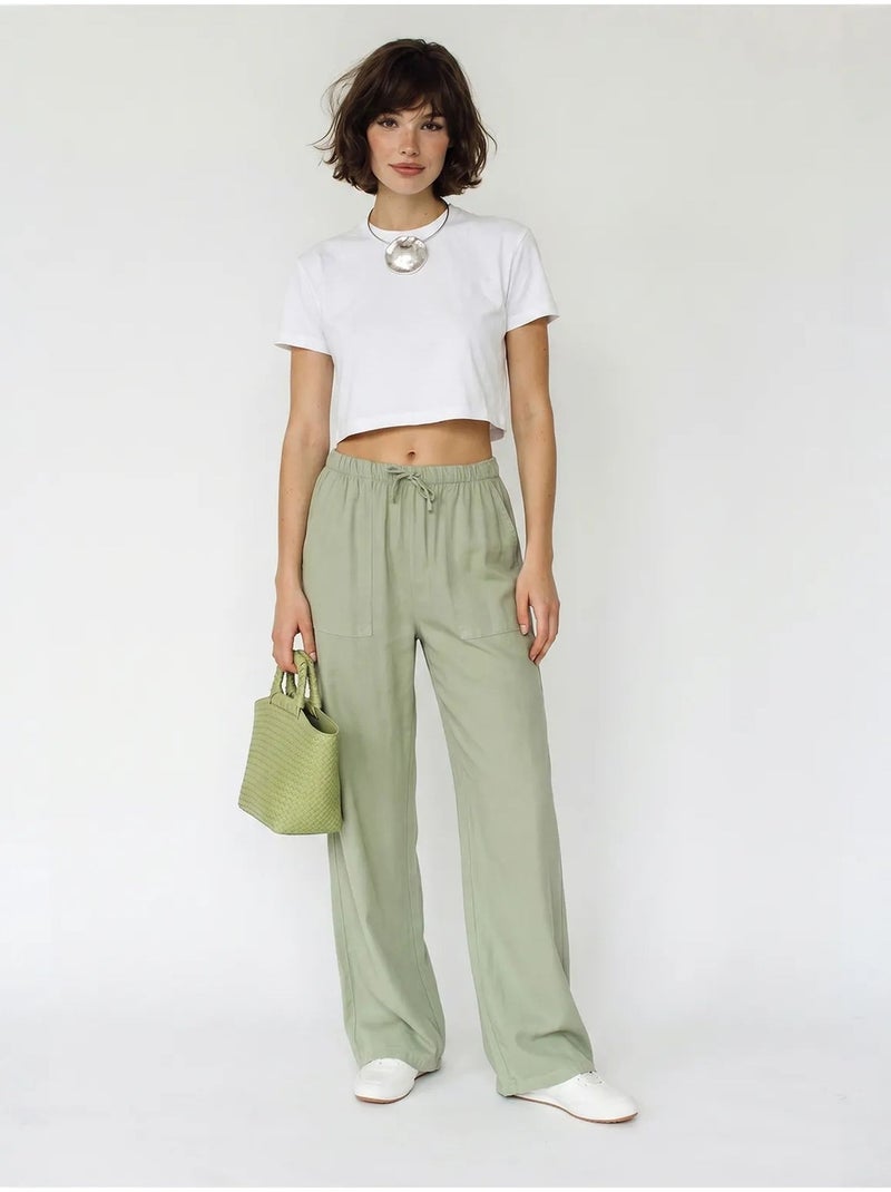 Pantalon large en coton à taille coulissée lucci Vert menthe - Kiabi