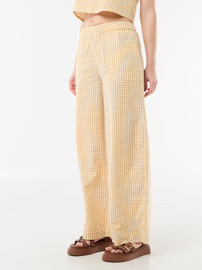 Pantalon large en coton gauffré à carreaux femme Beige - Kiabi