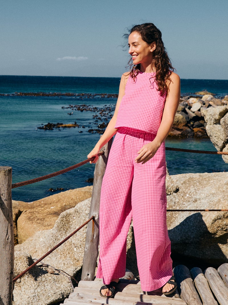 Pantalon large en coton texturé vichy Rose - Kiabi