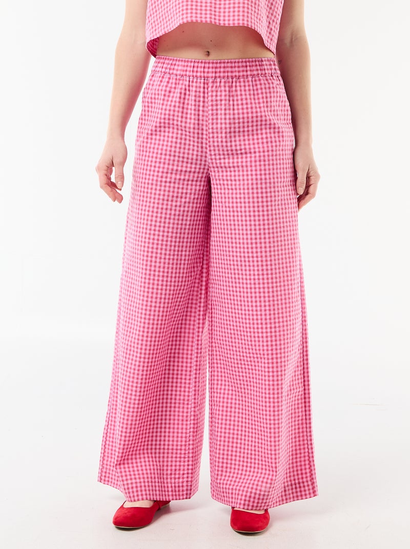 Pantalon large en coton texturé vichy Rose - Kiabi