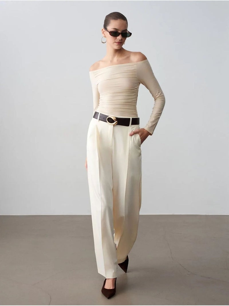 Pantalon large en crêpe à taille haute dilvin Crème - Kiabi