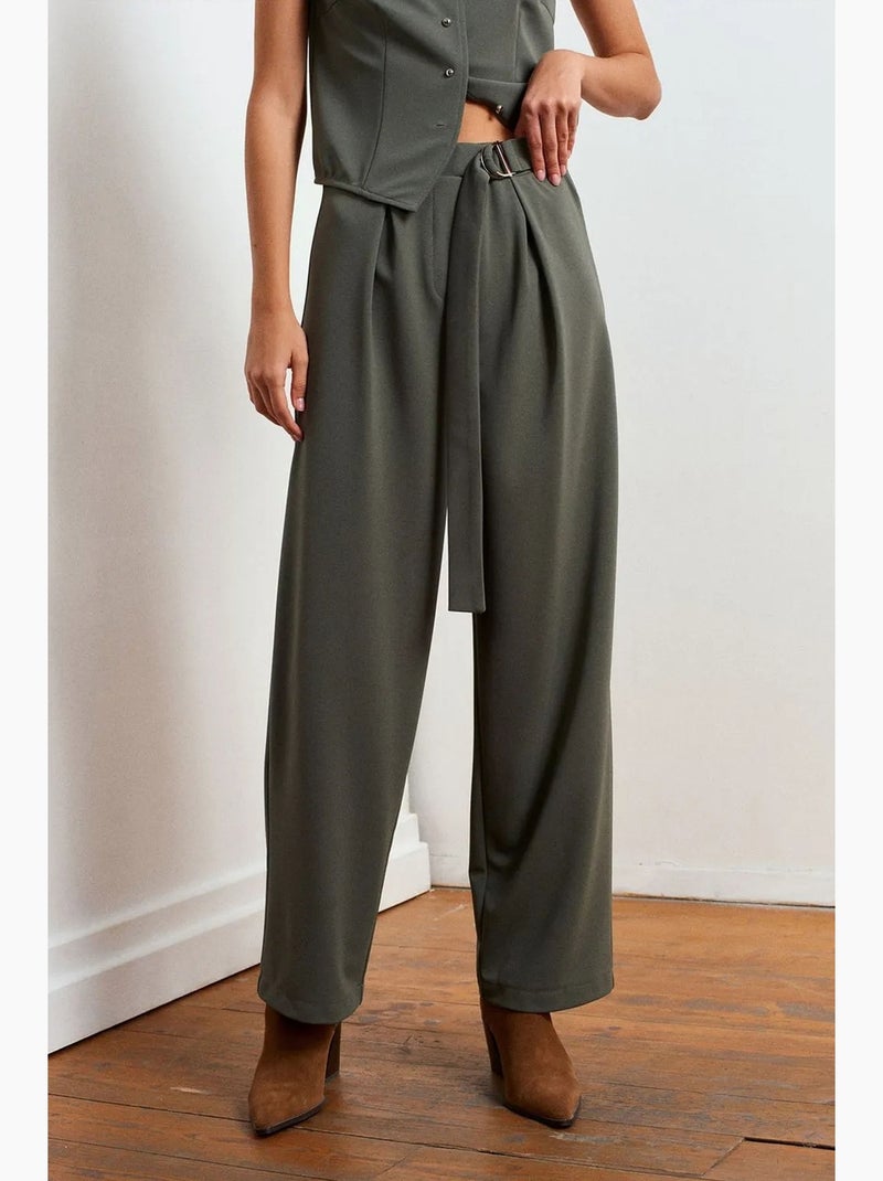 Pantalon large en crêpe à taille haute dilvin Kaki - Kiabi