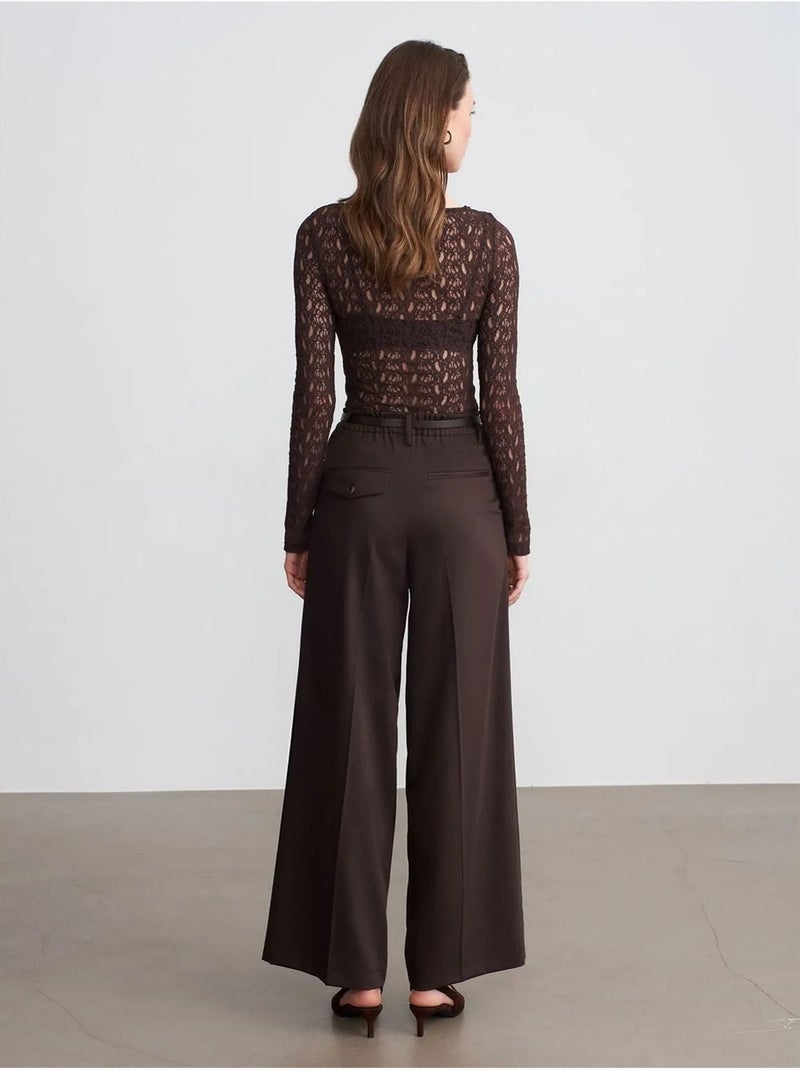 Pantalon large en crêpe à taille haute dilvin Marron chocolat - Kiabi