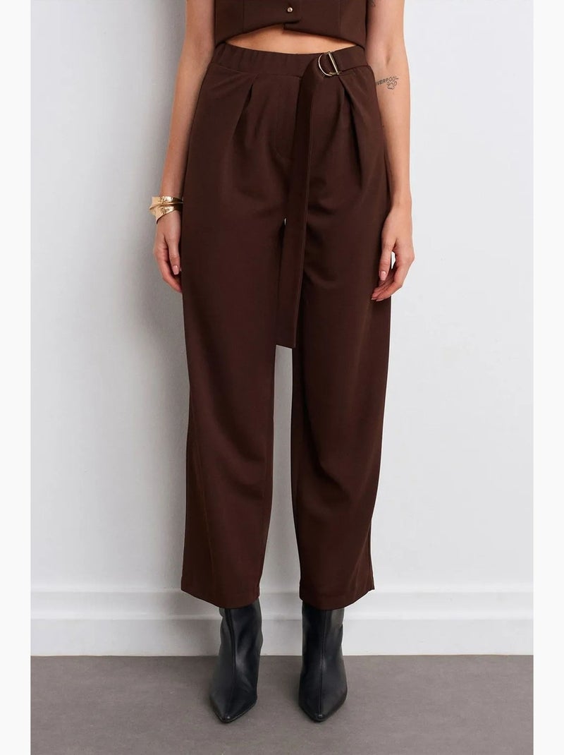 Pantalon large en crêpe à taille haute dilvin Marron chocolat - Kiabi