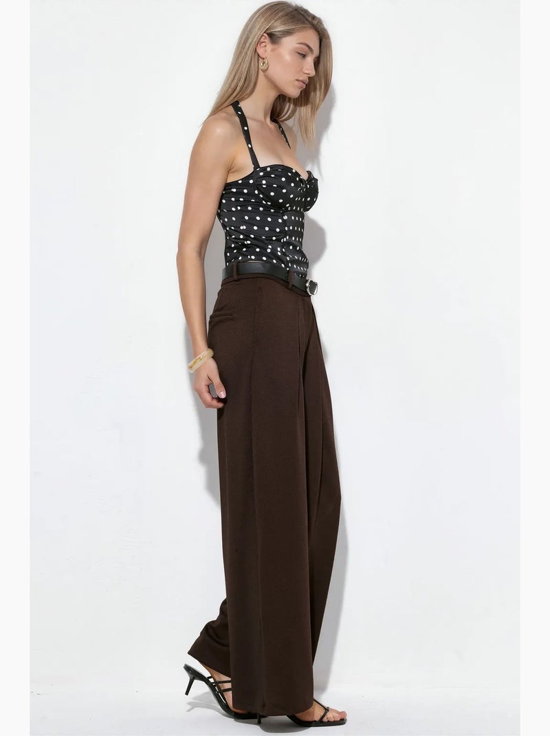 Pantalon large en crêpe à taille haute et ceinture busem Marron - Kiabi