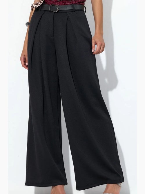 Pantalon large en crêpe à taille haute et ceinture busem - Kiabi
