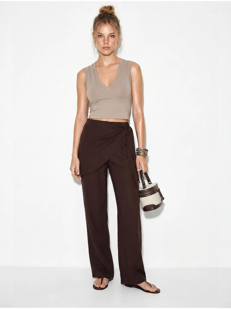 Pantalon large en crêpe à taille haute lucci Marron chocolat - Kiabi