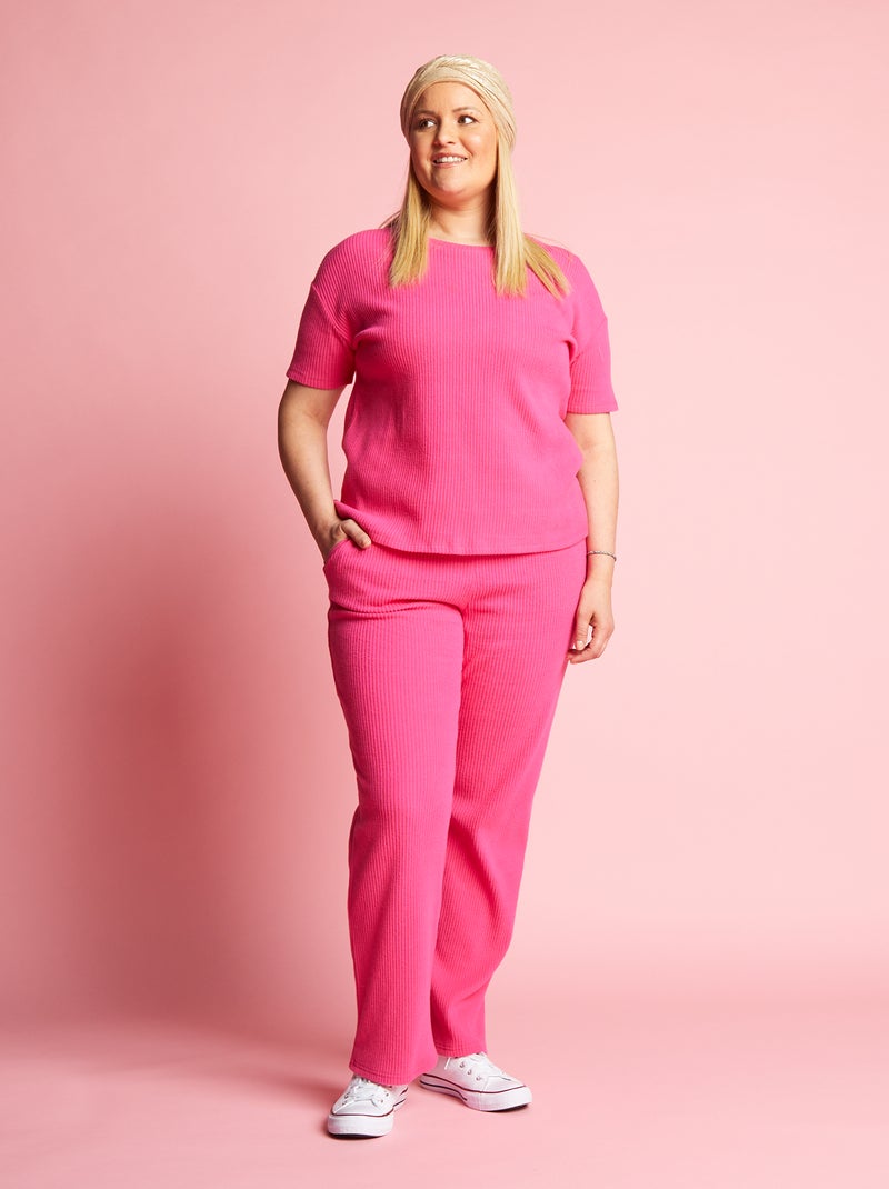 Pantalon large en maille côtelée Rose - Kiabi