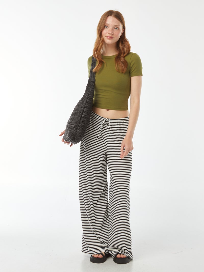 Pantalon large en maille rayée Blanc/noir - Kiabi
