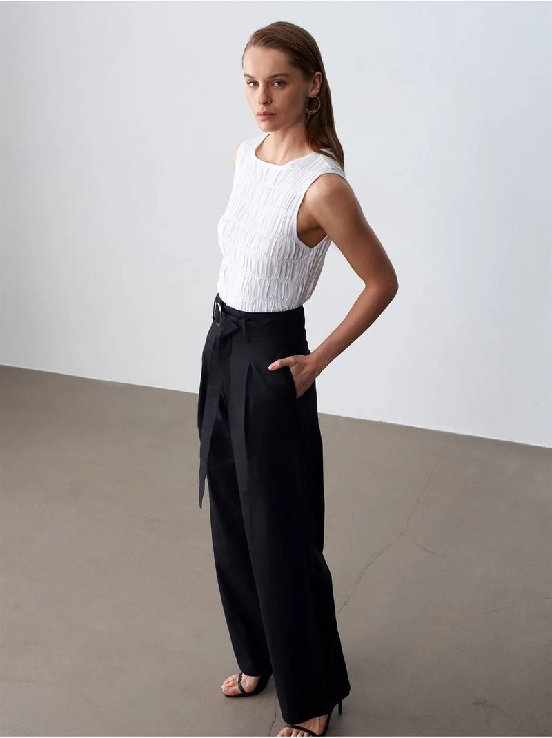 Pantalon large en mélange de lin avec ceinture dilvin Noir - Kiabi