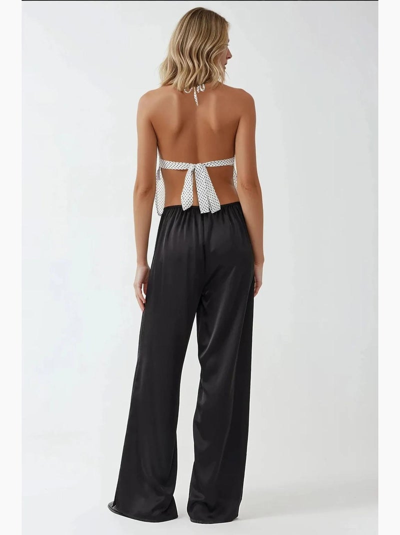 Pantalon large en satin hiccup Noir - Kiabi