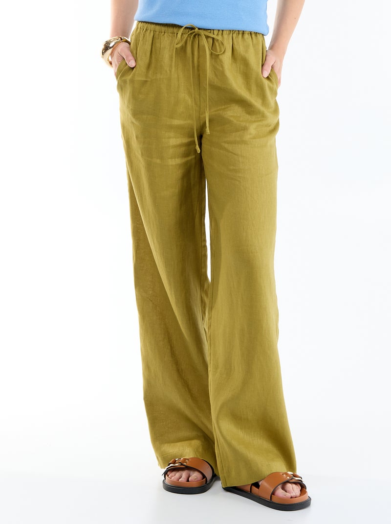 Pantalon large femme 100% lin taille élastiquée Vert - Kiabi