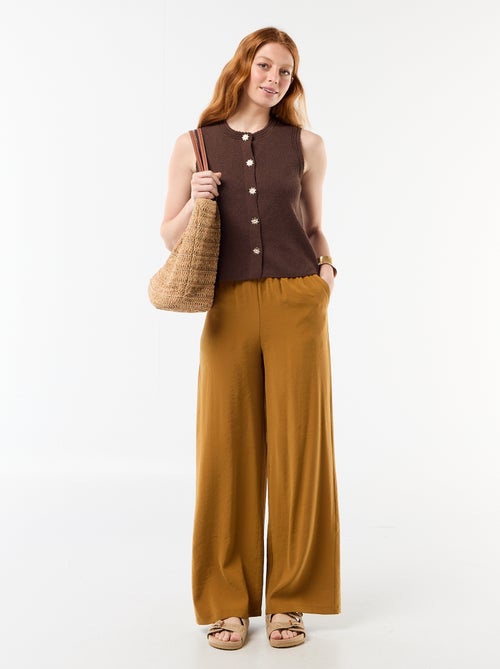 Pantalon large femme à taille élastiquée et lien à nouer - Kiabi