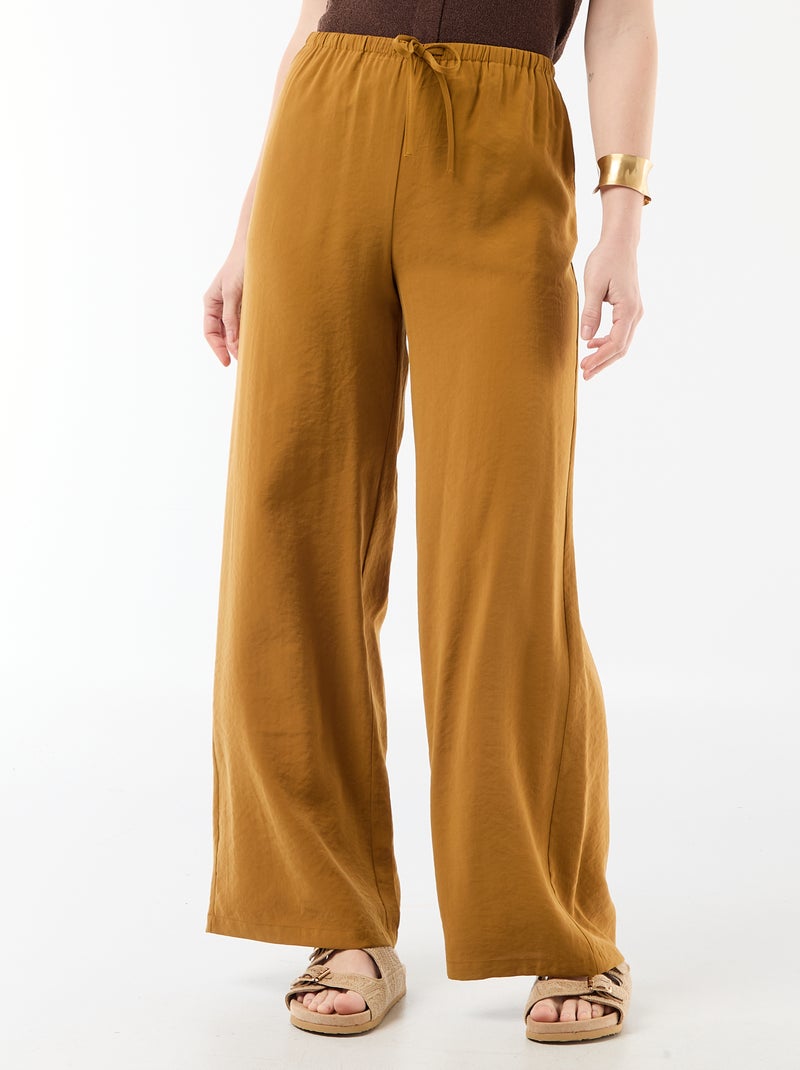 Pantalon large femme à taille élastiquée et lien à nouer Marron - Kiabi