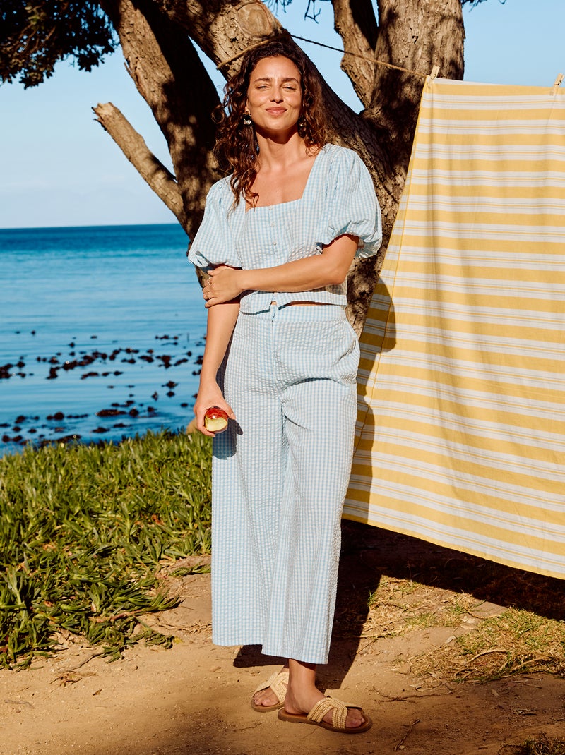 Pantalon large femme carreaux Bleu - Kiabi