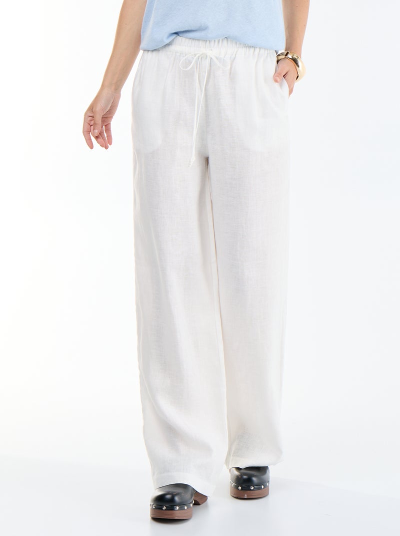 Pantalon large femme en 100% lin Blanc - Kiabi
