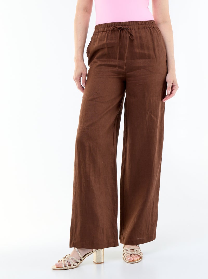 Pantalon large femme en 100% lin Marron - Kiabi