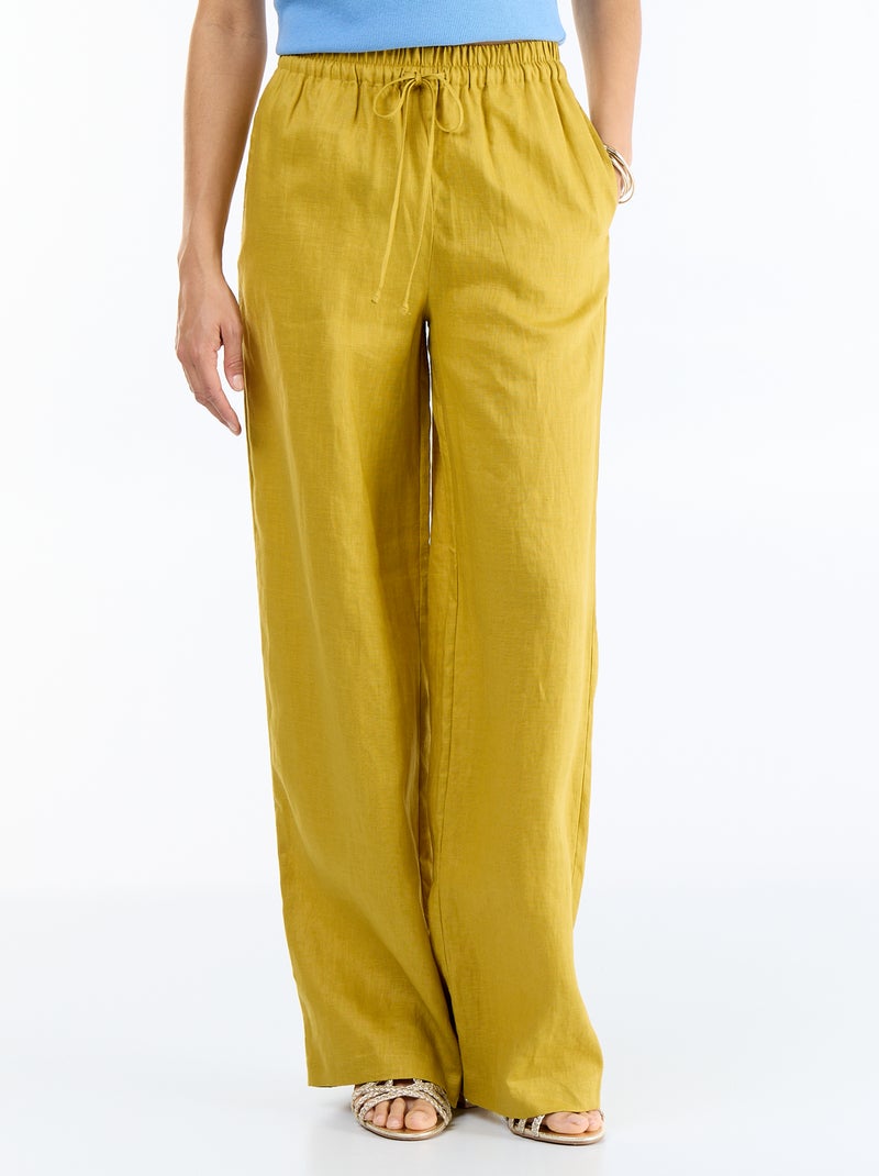 Pantalon large femme en 100% lin Vert - Kiabi