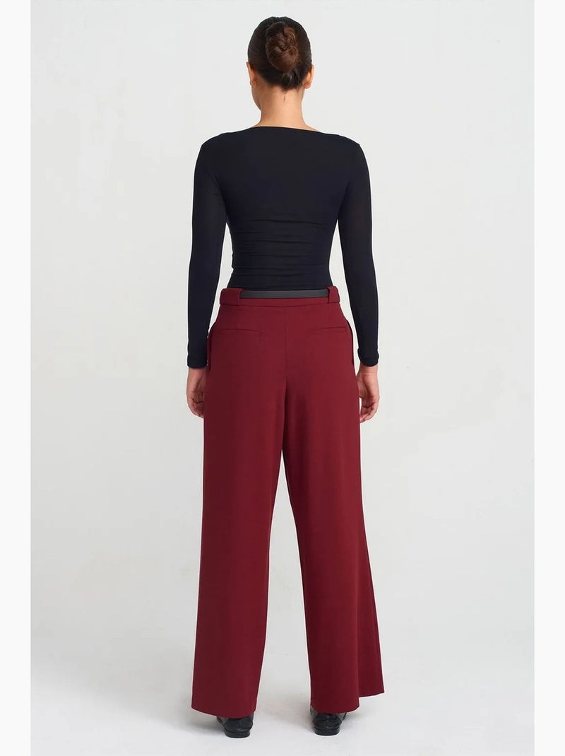 Pantalon large femme en crêpe avec ceinture dilvin Rouge bordeaux - Kiabi