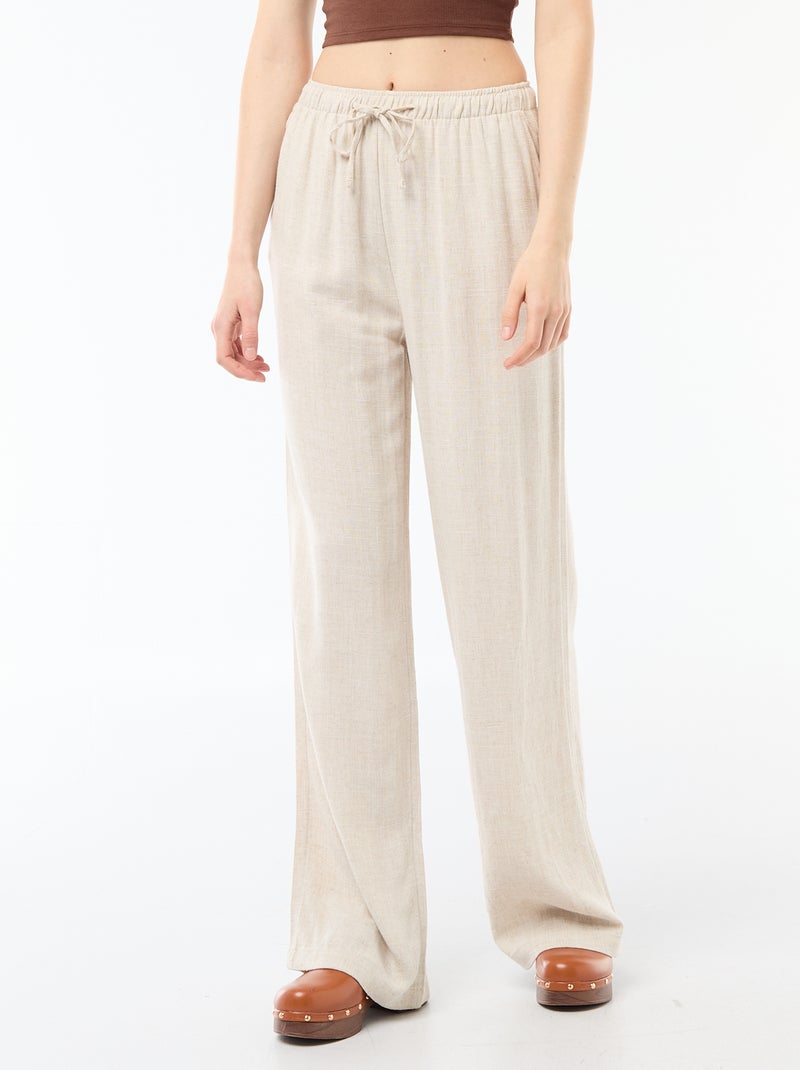 Pantalon large femme en lin à taille élastiquée Beige - Kiabi