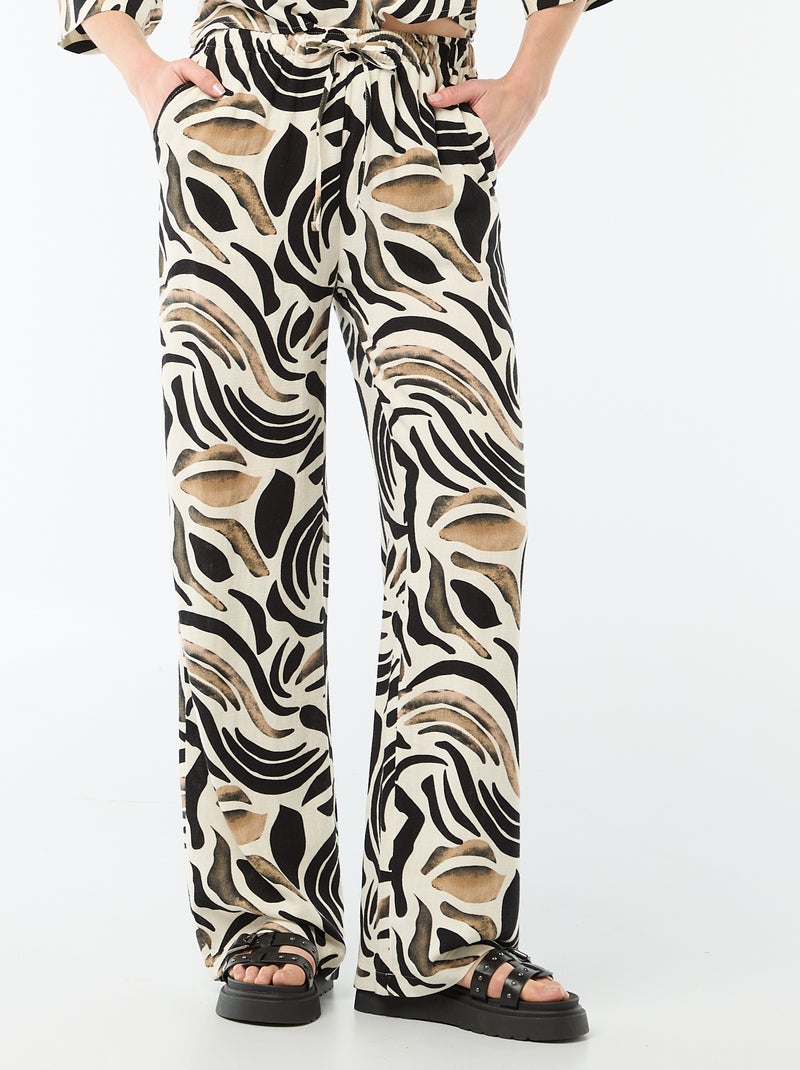 Pantalon large femme en lin avec taille élastiquée Noir - Kiabi