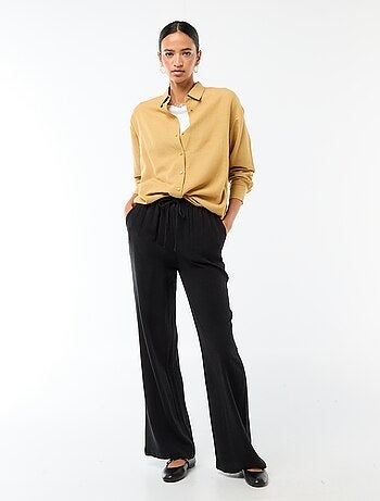 Pantalon large femme en lin à taille élastiquée