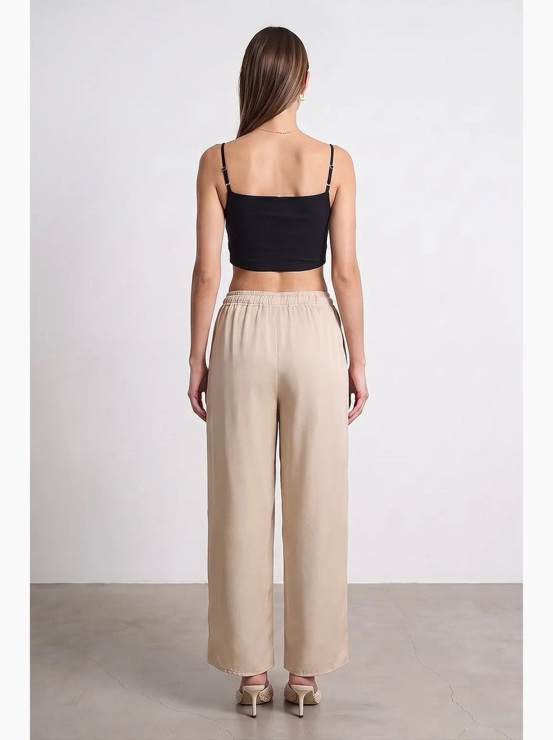 Pantalon large femme en tencel crêpe avec fente dilvin Beige argile - Kiabi