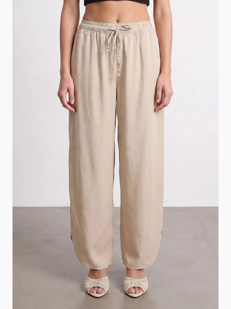 Pantalon large femme en tencel crêpe avec fente dilvin Beige argile - Kiabi
