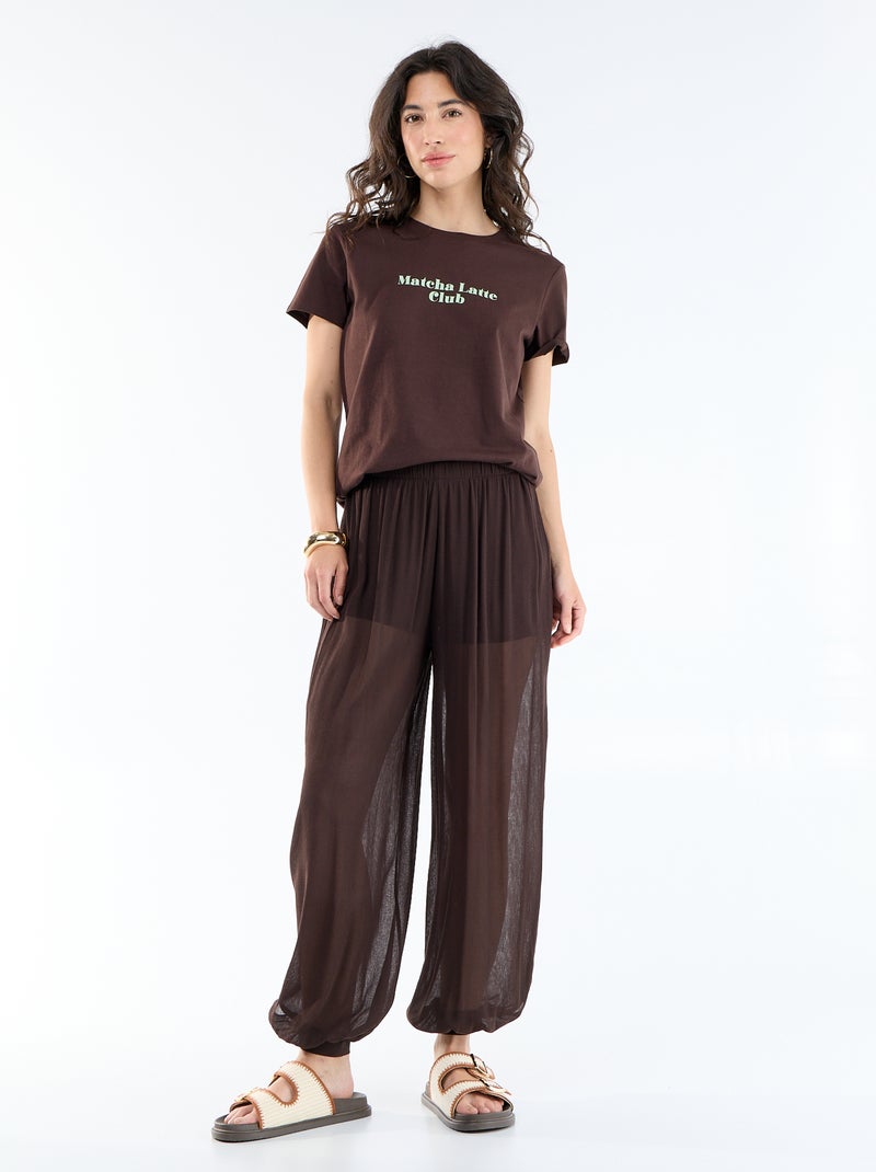 Pantalon large femme maille légère taille élastiquée Marron - Kiabi