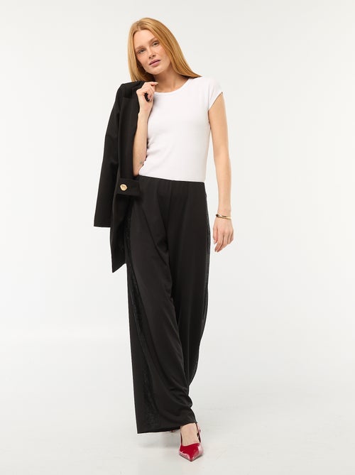 Pantalon large fluide avec bandes latérales en dentelle - Kiabi