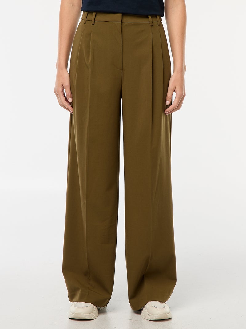 Pantalon large taille haute à 5 poches Vert - Kiabi